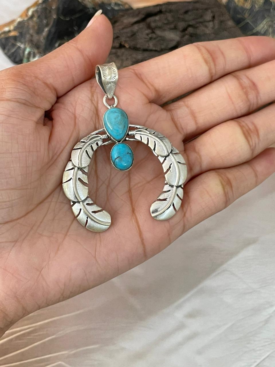 Handmade Sterling Silver Kingman Turquoise Naja Pendant "Signed Nizhoni"