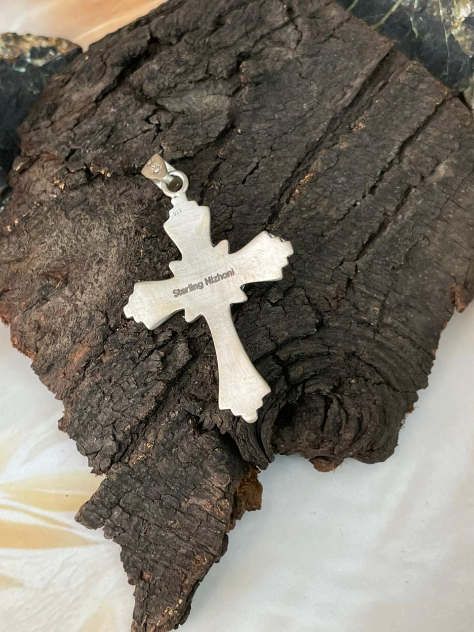 Handmade Sterling Silver Kingman Turquoise Cross Pendant "Signed Nizhoni"