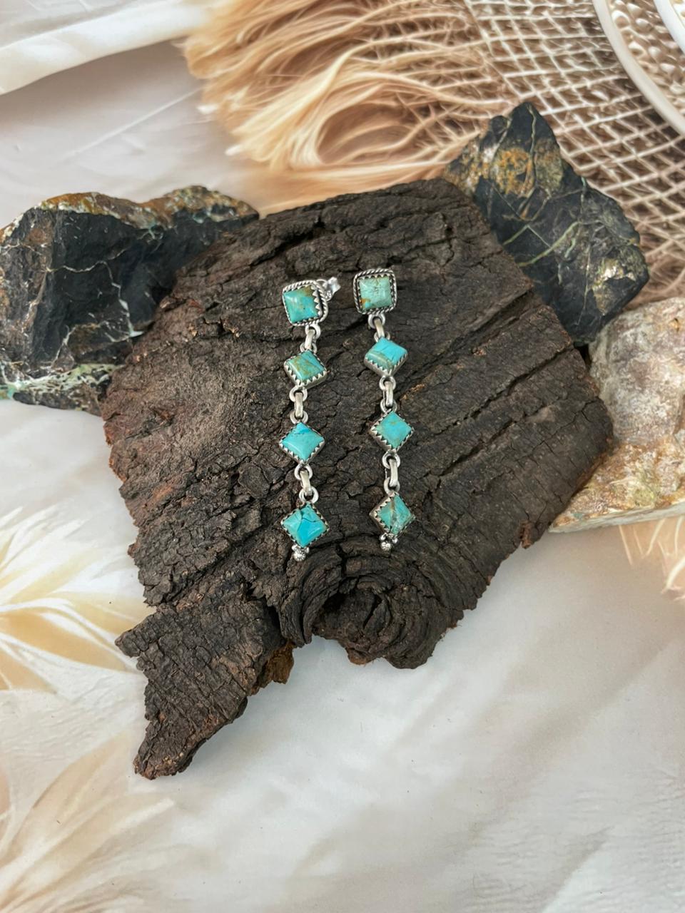 Handmade Sterling Silver Kingman Turquoise Post Dangle Earrings "Signed Nizhoni"