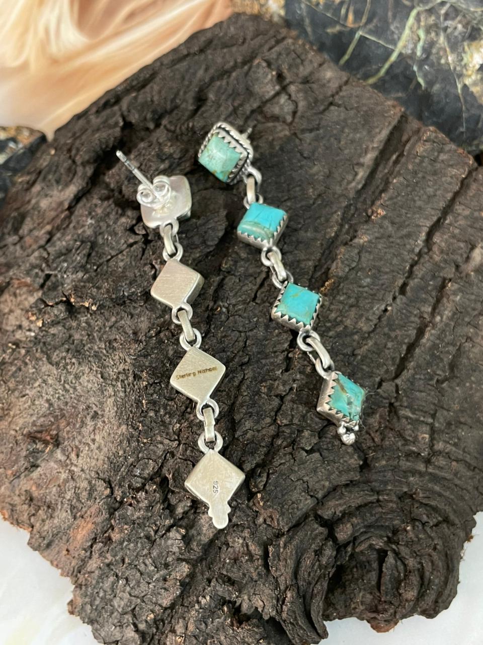 Handmade Sterling Silver Kingman Turquoise Post Dangle Earrings "Signed Nizhoni"
