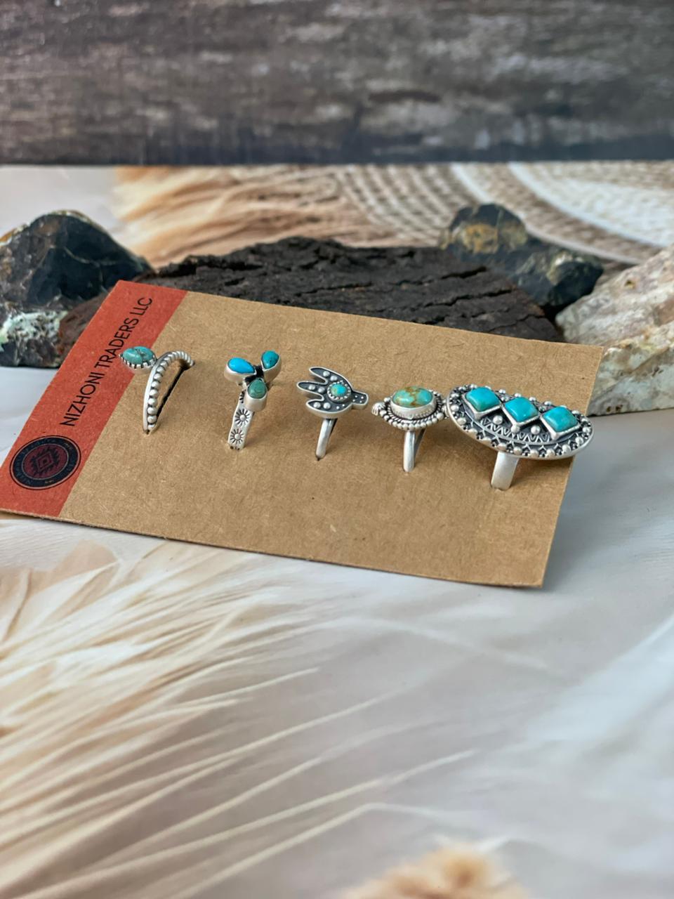 Handmade Sterling Silver Kingman Turquoise Adjustable Ring Card