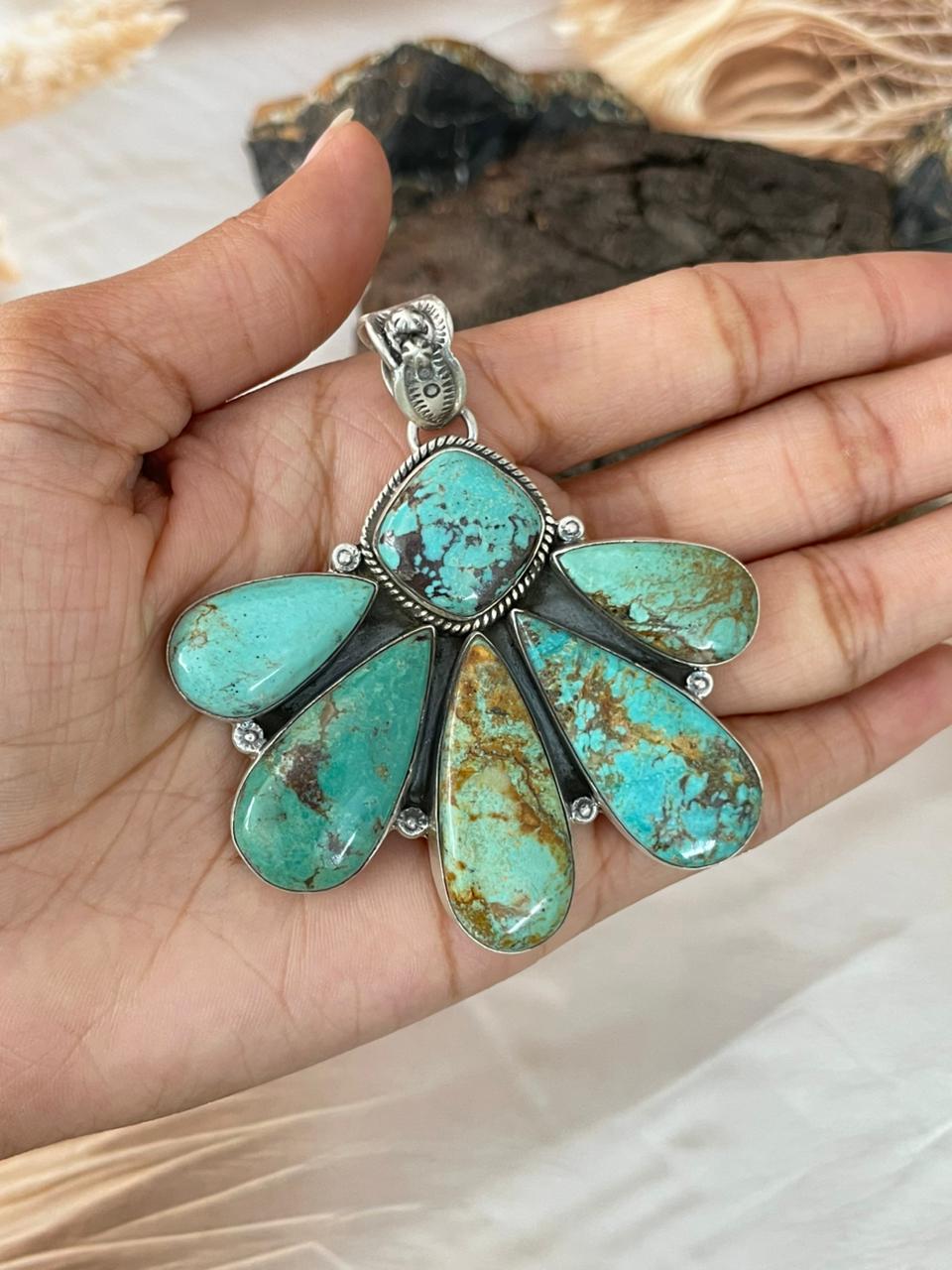Handmade Sterling Silver Manassa Turquoise Pendant "Signed Nizhoni" (4)