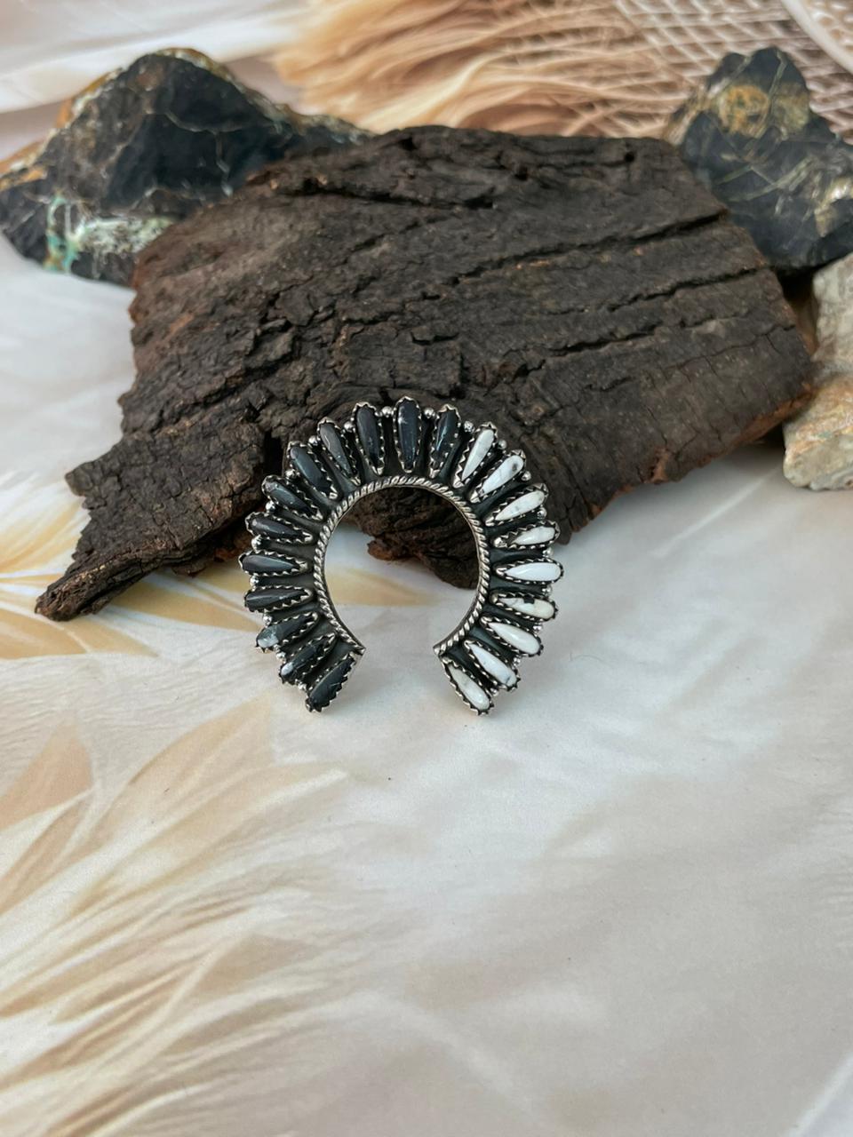 Handmade Sterling Silver White Buffalo Naja Adjustable Ring "Signed Nizhoni"