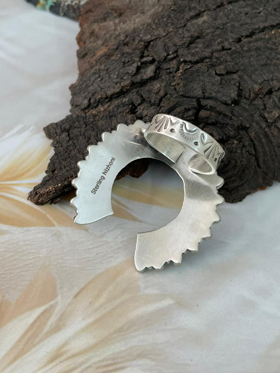 Handmade Sterling Silver White Buffalo Naja Adjustable Ring "Signed Nizhoni"