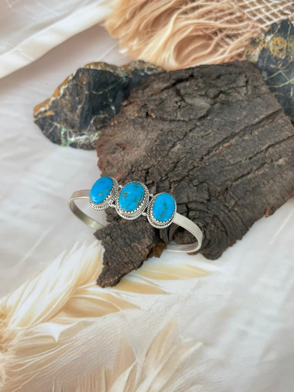Handmade Sterling Silver Blue Kingman Turquoise Cuff Bracelet "Signed Nizhoni"