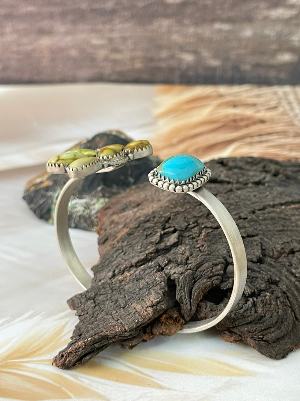 Handmade Sterling Silver Kingman with Palomino Turquoise Cuff Bracelet "Signed Nizhoni"