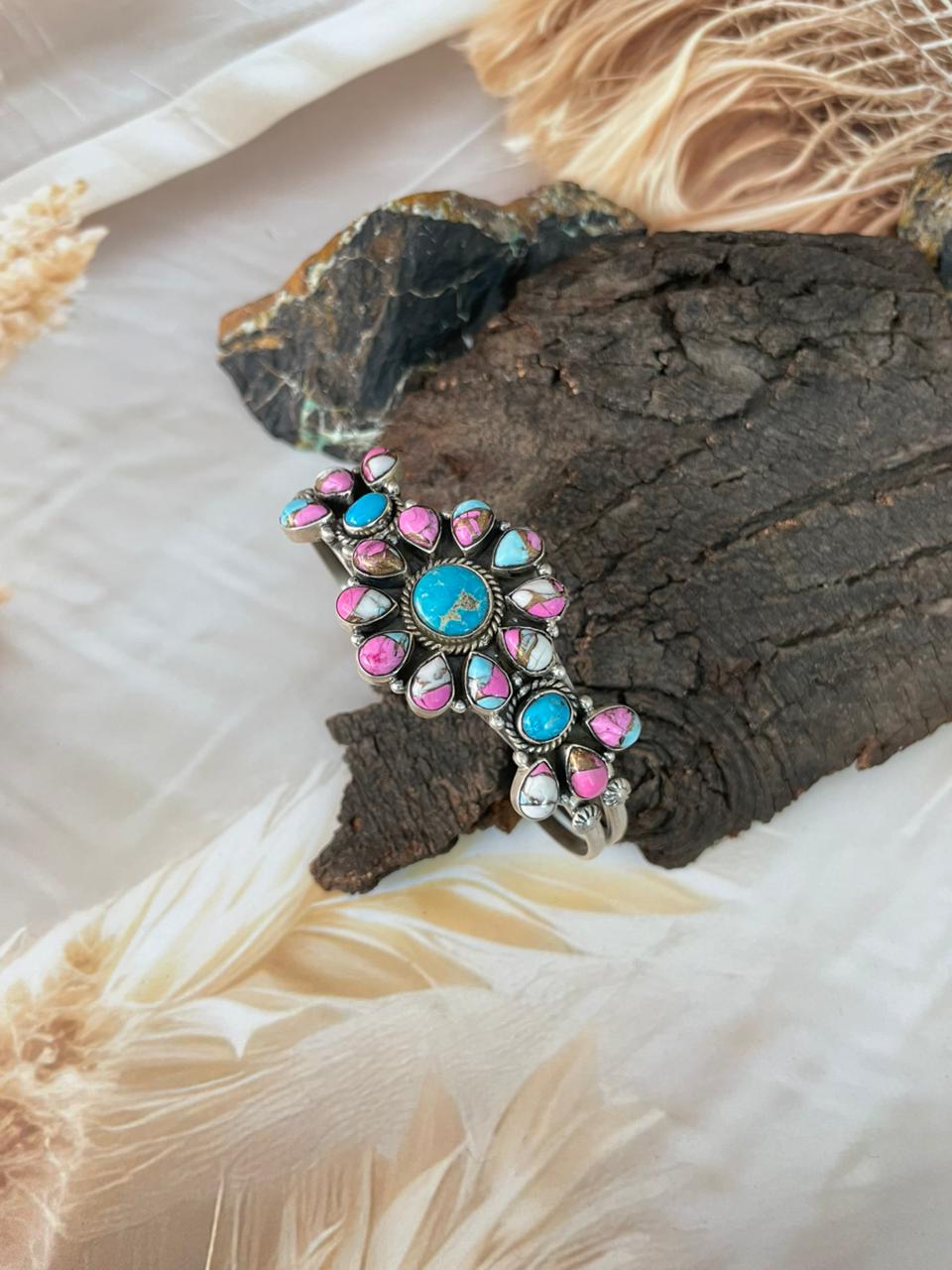 Handmade Sterling Silver Sierra Bella Turquoise with Cotton Candy Cuff Bracelet "Signed Nizhoni"