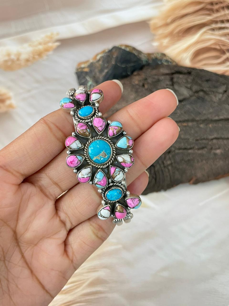 Handmade Sterling Silver Sierra Bella Turquoise with Cotton Candy Cuff Bracelet "Signed Nizhoni"