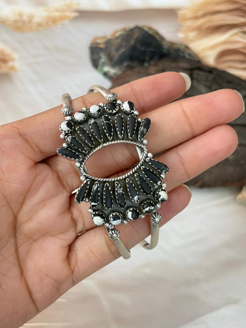 Handmade Sterling Silver White Buffalo Cuff Bracelet "Signed Nizhoni"