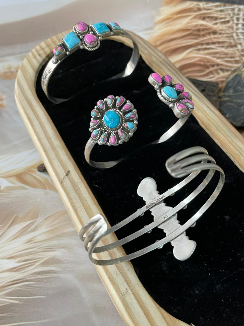 Handmade Sterling Silver Sierra Bella Turquoise with Cotton Candy Cuff Bracelet "Signed Nizhoni"