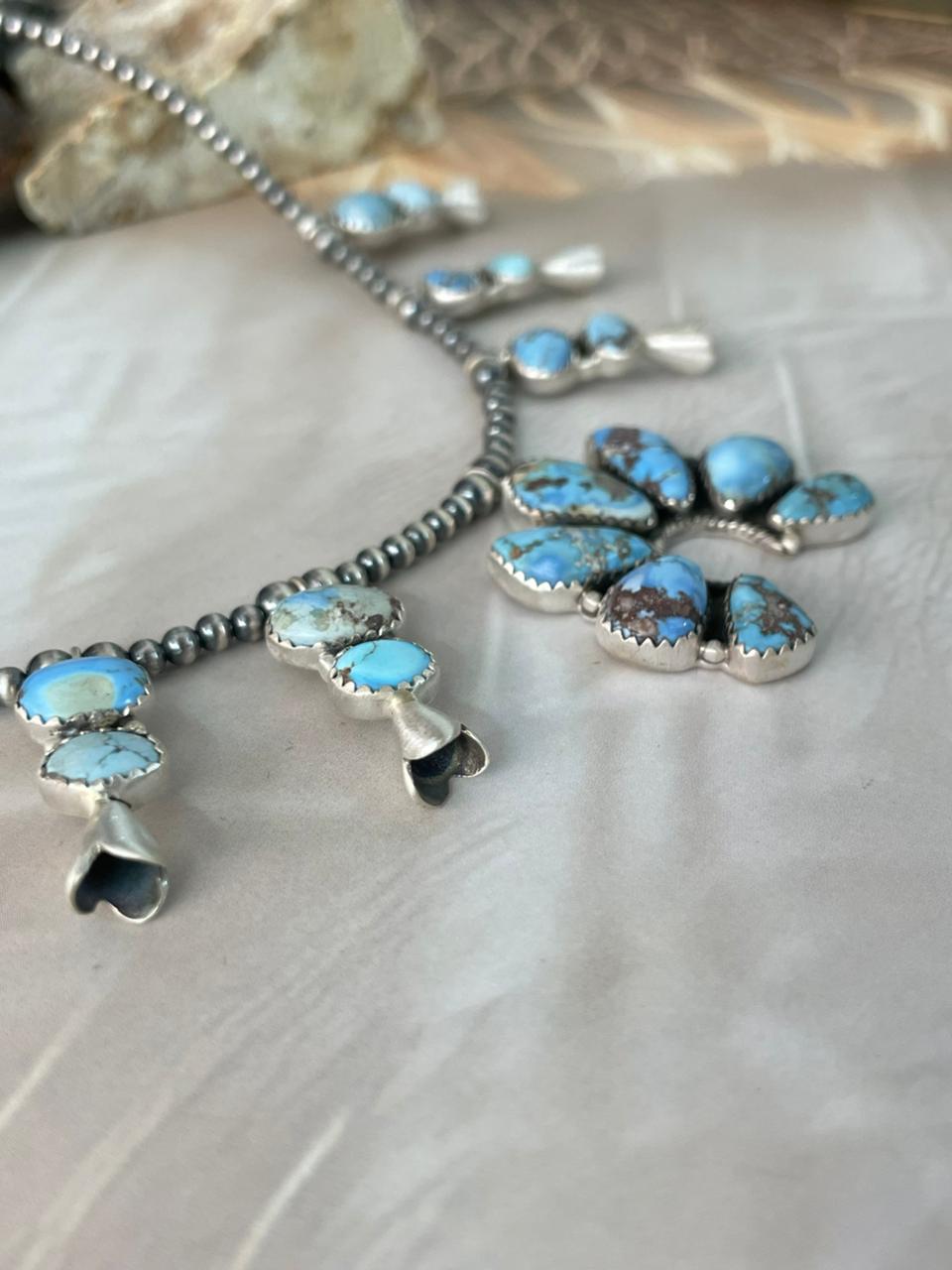 Handmade Sterling Silver Golden Hills Turquoise Naja Beaded Squash Blossom Necklace "Signed Nizhoni"