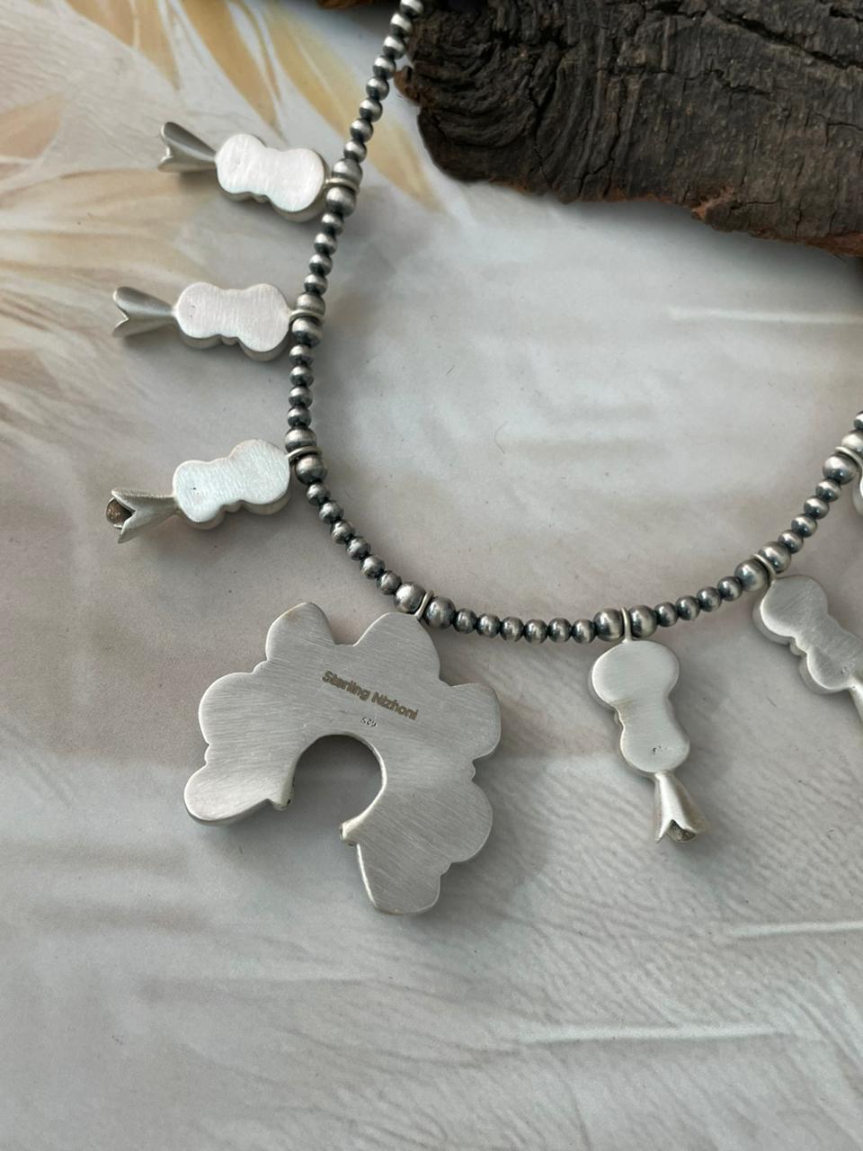Handmade Sterling Silver Golden Hills Turquoise Naja Beaded Squash Blossom Necklace "Signed Nizhoni"