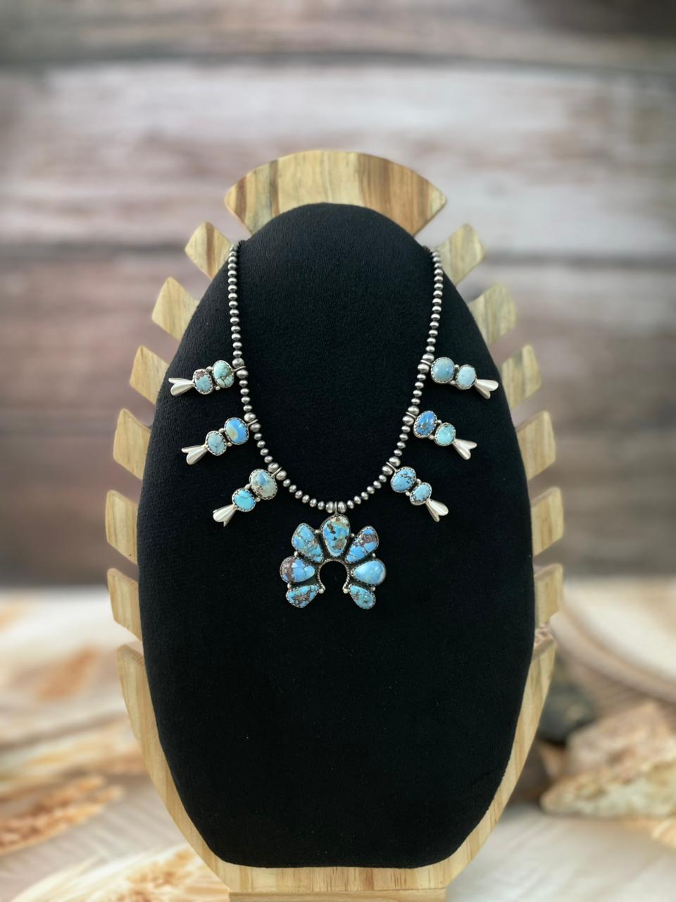 Handmade Sterling Silver Golden Hills Turquoise Naja Beaded Squash Blossom Necklace "Signed Nizhoni"