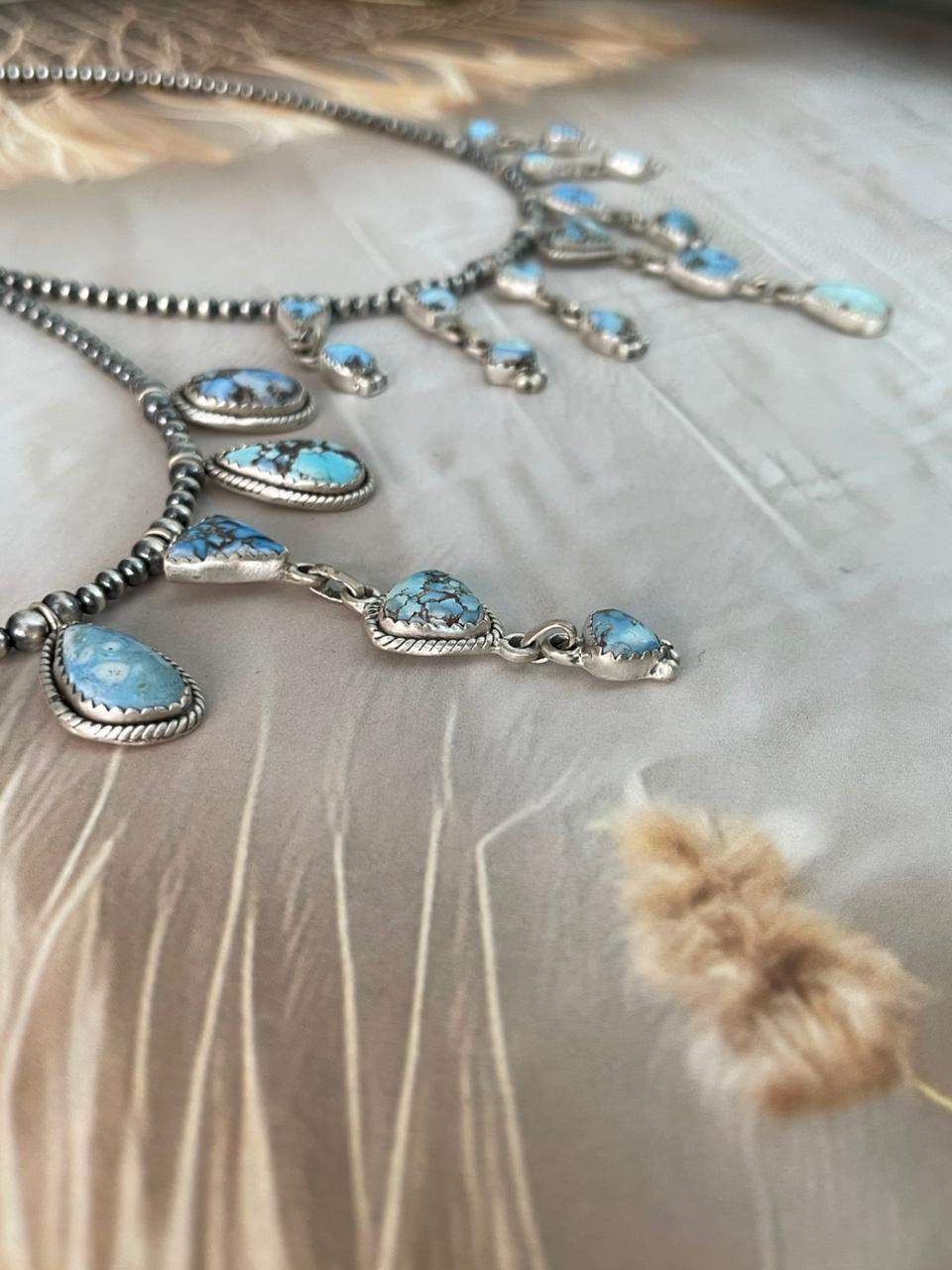 Handmade Sterling Silver Golden Hills Turquoise Beaded Necklace "Signed Nizhoni"