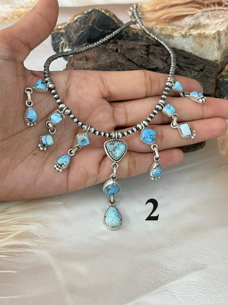 Handmade Sterling Silver Golden Hills Turquoise Beaded Necklace "Signed Nizhoni"