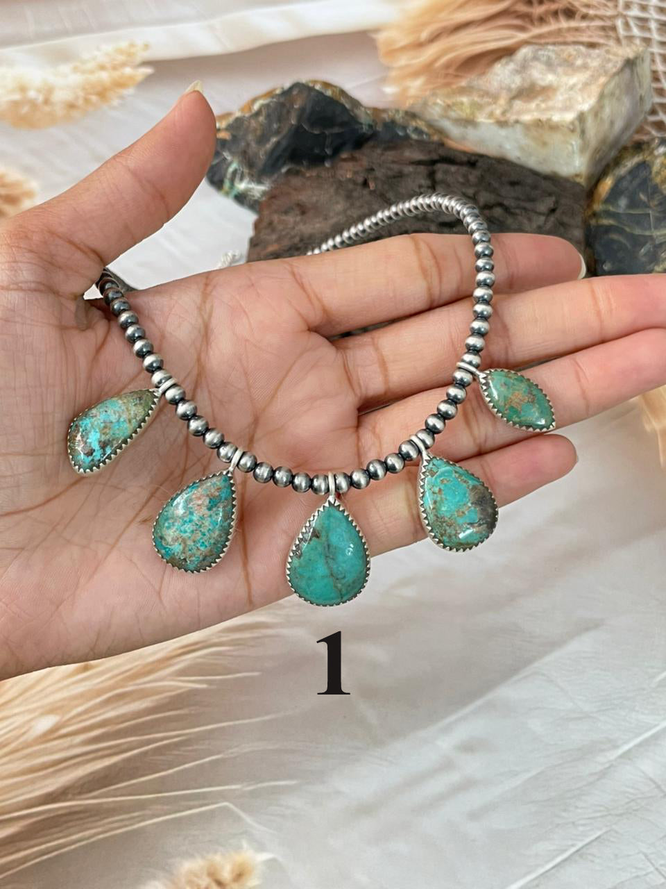 Handmade Sterling Silver Manassa Turquoise Beaded Necklace "Signed Nizhoni"