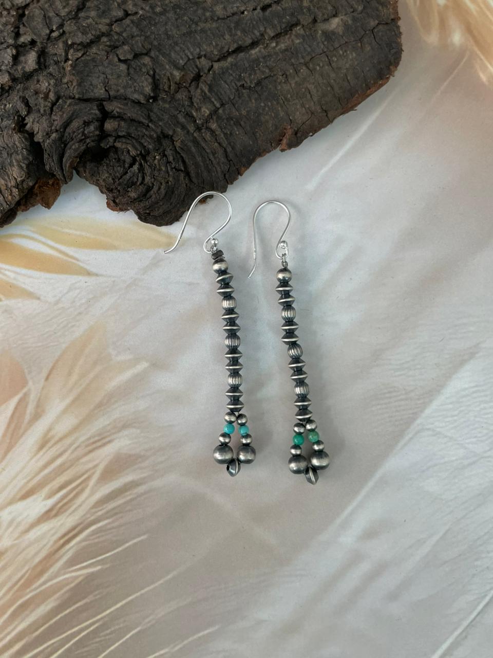 Handmade Sterling Silver Kingman Turquoise Hook Dangle Beaded Earrings