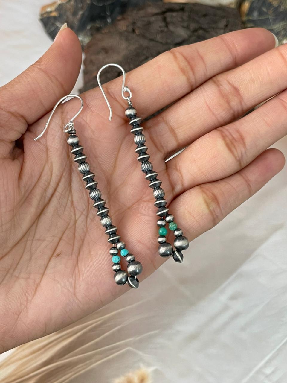 Handmade Sterling Silver Kingman Turquoise Hook Dangle Beaded Earrings
