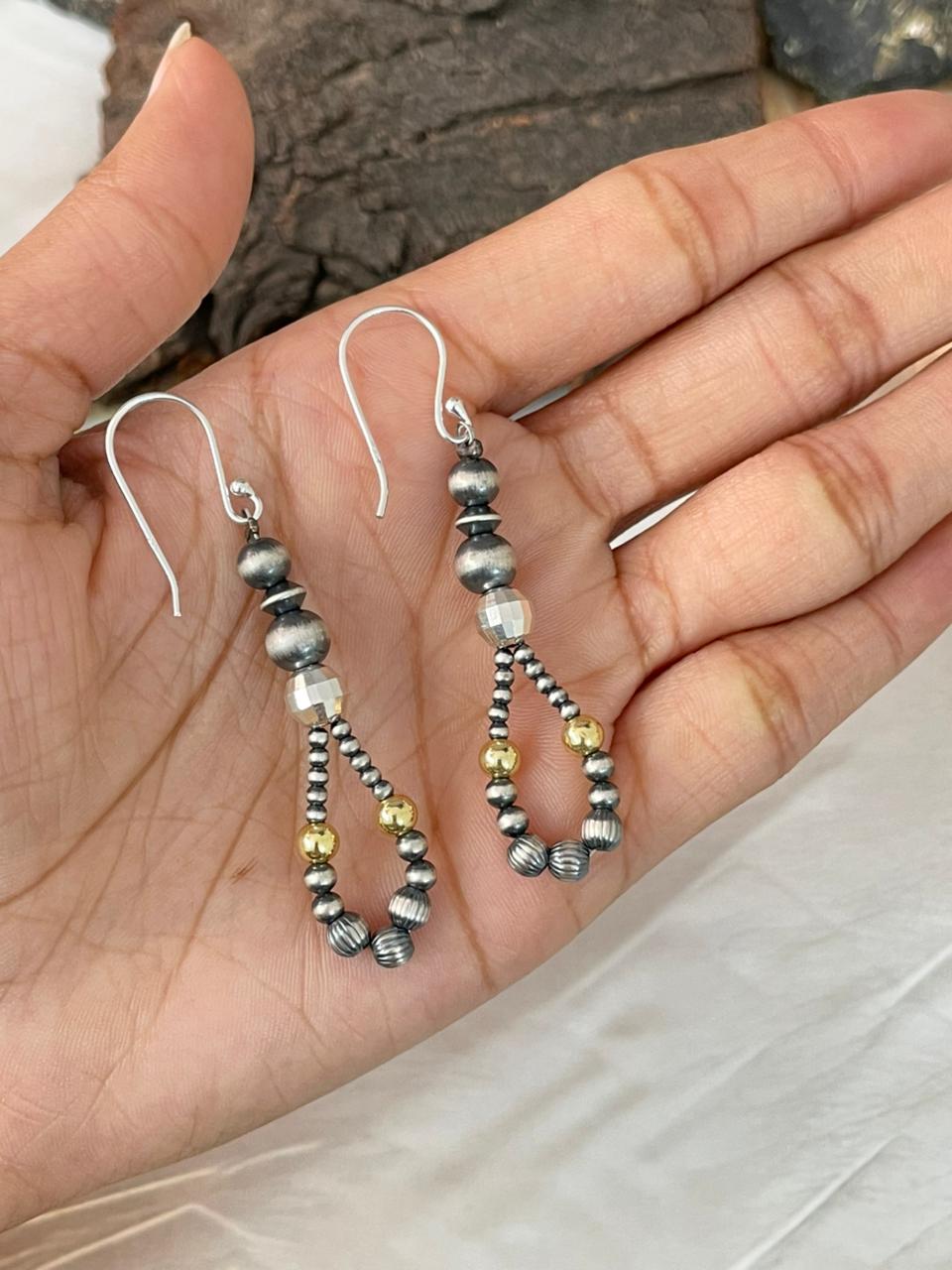 Handmade Sterling Silver Hook Dangle Gold Shiny Beaded Earrings
