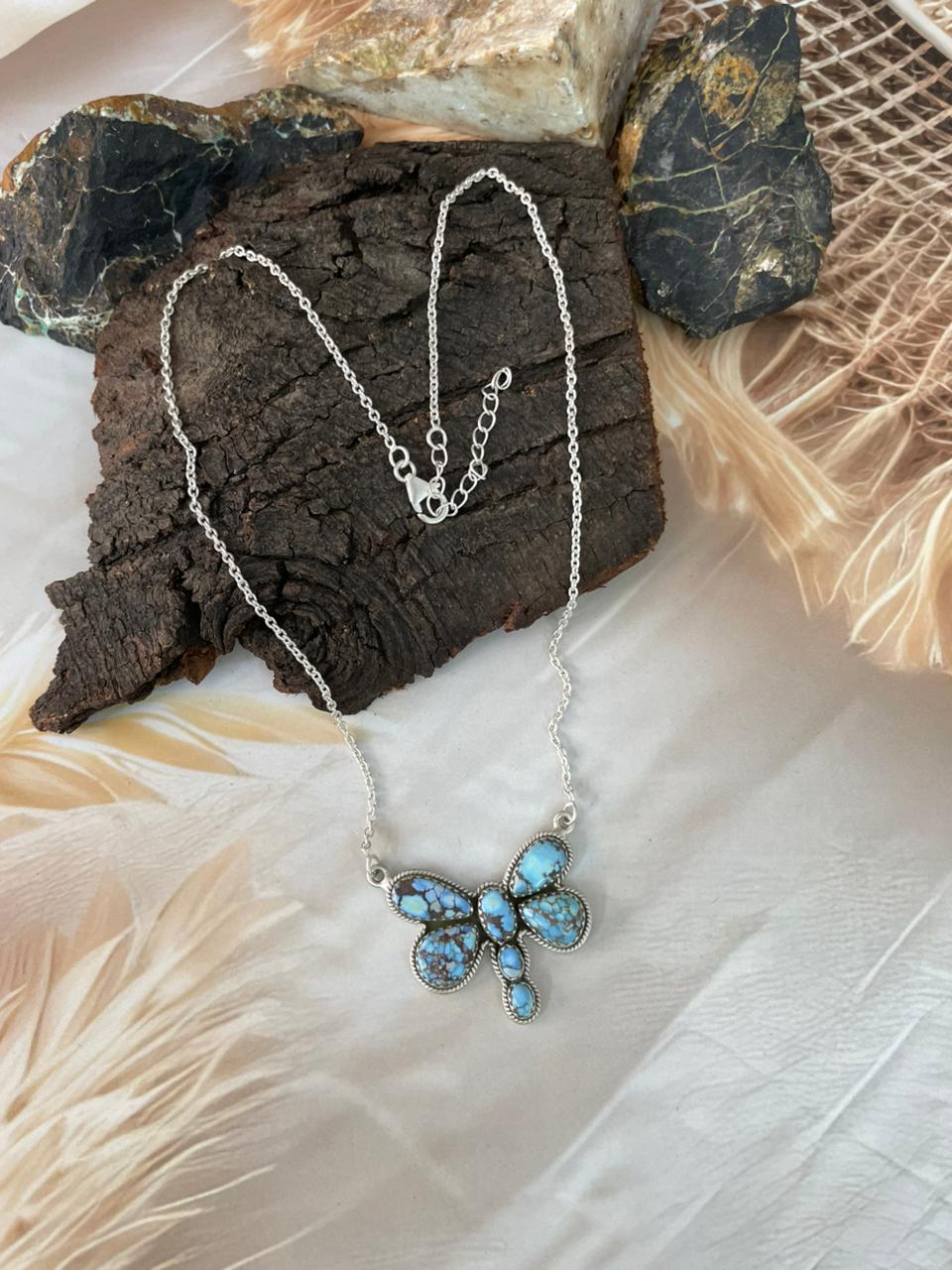 Handmade Sterling Silver Golden Hills Turquoise Butterfly Necklace "Signed Nizhoni"