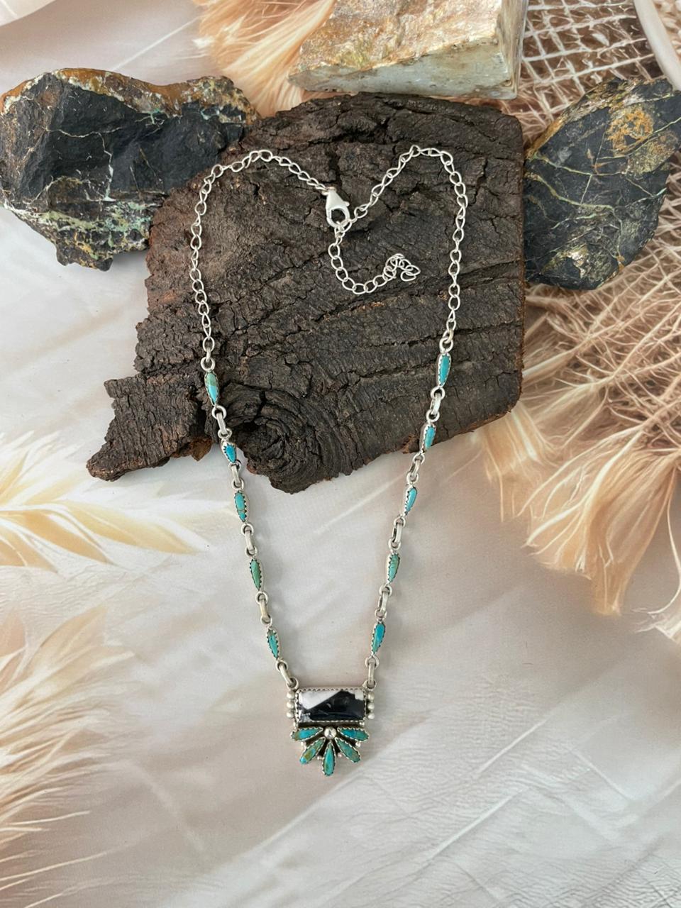 Handmade Sterling Silver Kingman Turquoise with White Buffalo Necklace "Signed Nizhoni"
