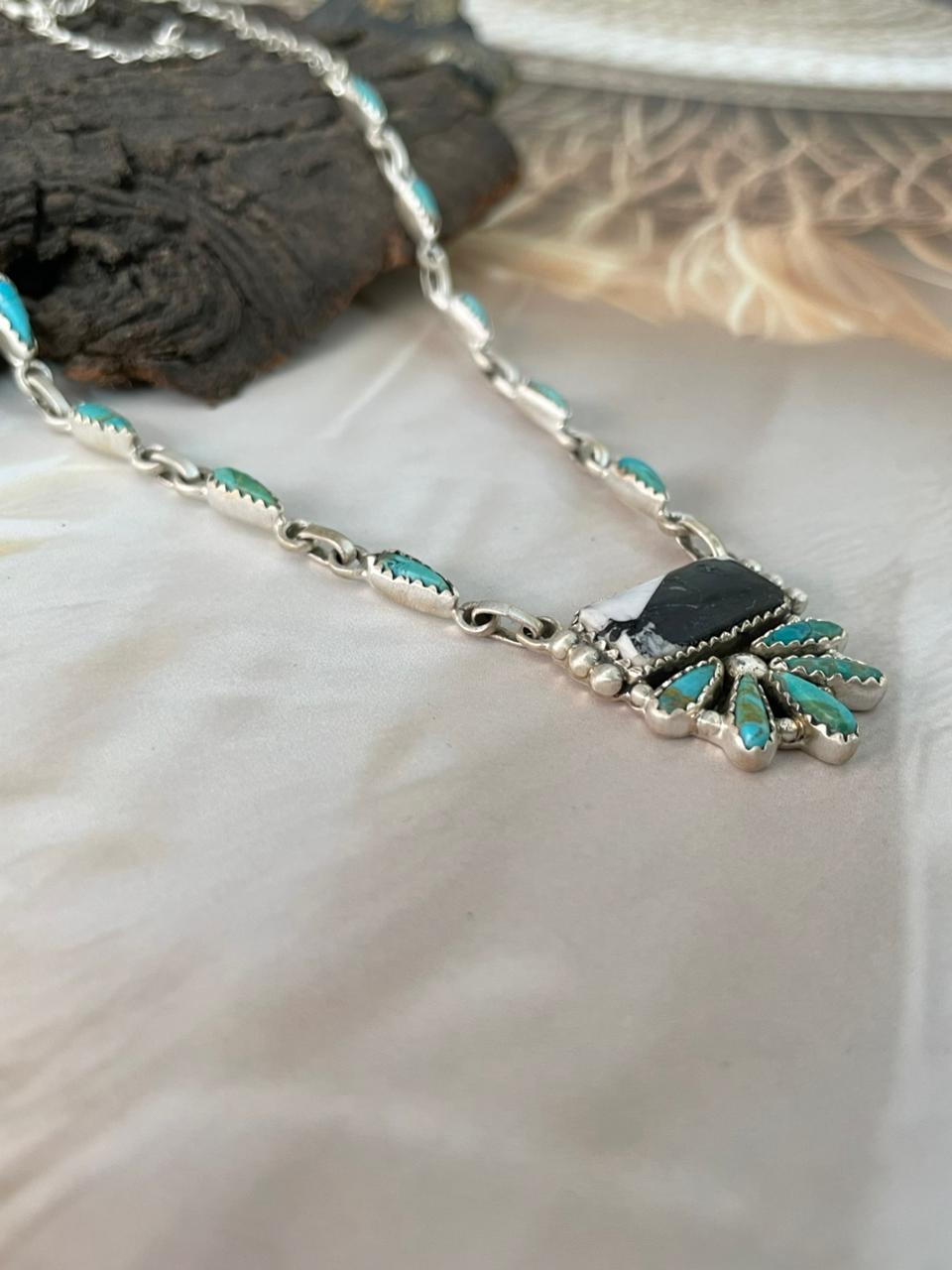 Handmade Sterling Silver Kingman Turquoise with White Buffalo Necklace "Signed Nizhoni"