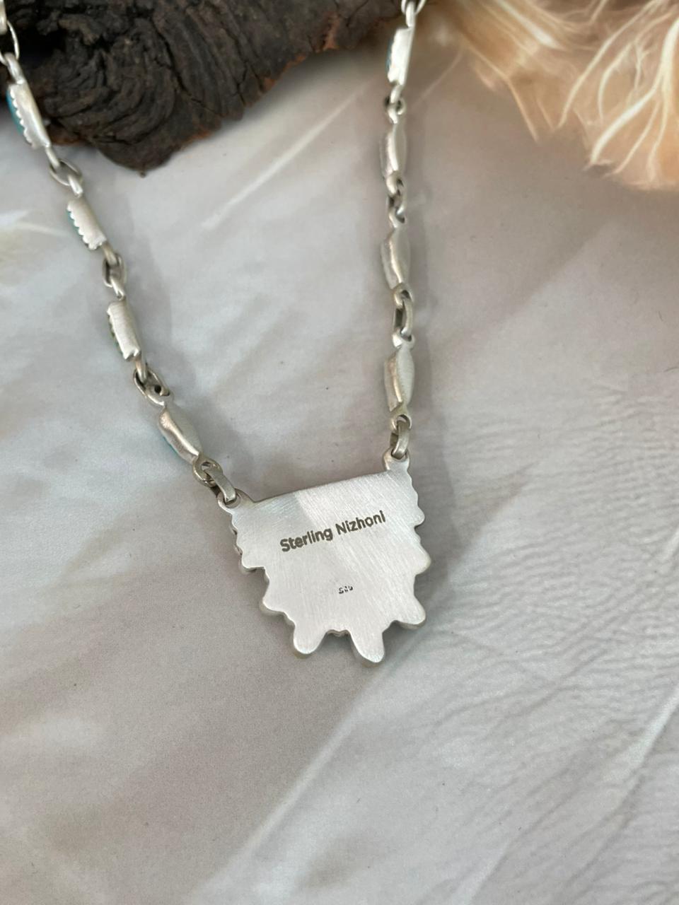 Handmade Sterling Silver Kingman Turquoise with White Buffalo Necklace "Signed Nizhoni"