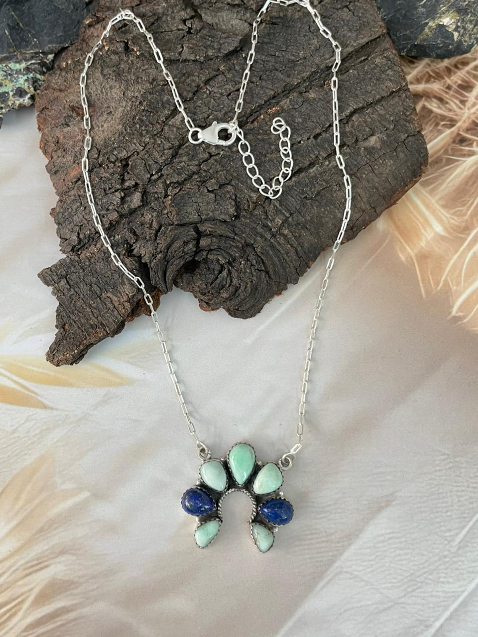 Handmade Sterling Silver Palomino Turquoise with Lapis Naja Necklace "Signed Nizhoni"