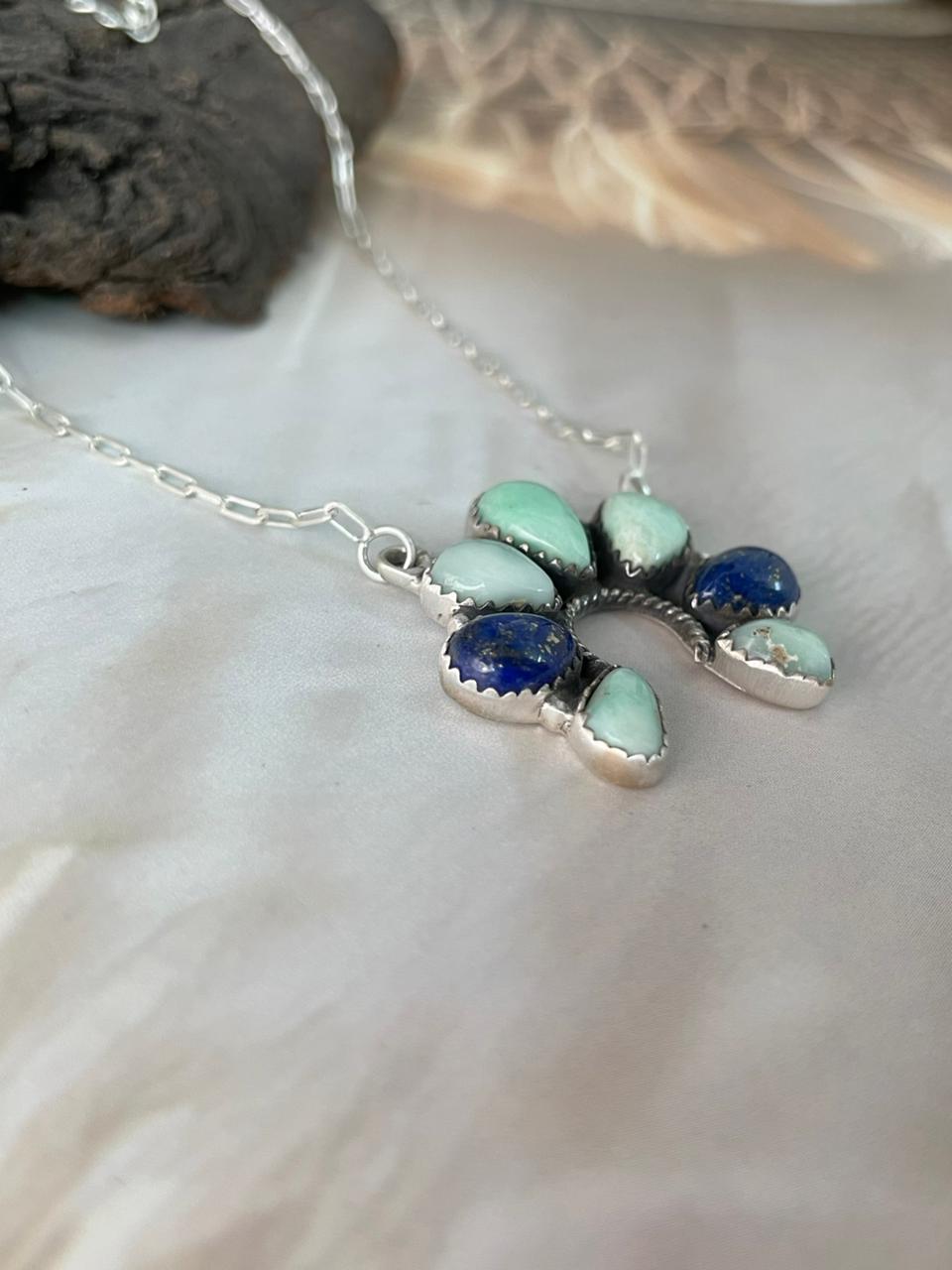 Handmade Sterling Silver Palomino Turquoise with Lapis Naja Necklace "Signed Nizhoni"
