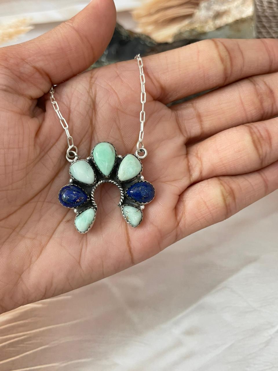 Handmade Sterling Silver Palomino Turquoise with Lapis Naja Necklace "Signed Nizhoni"
