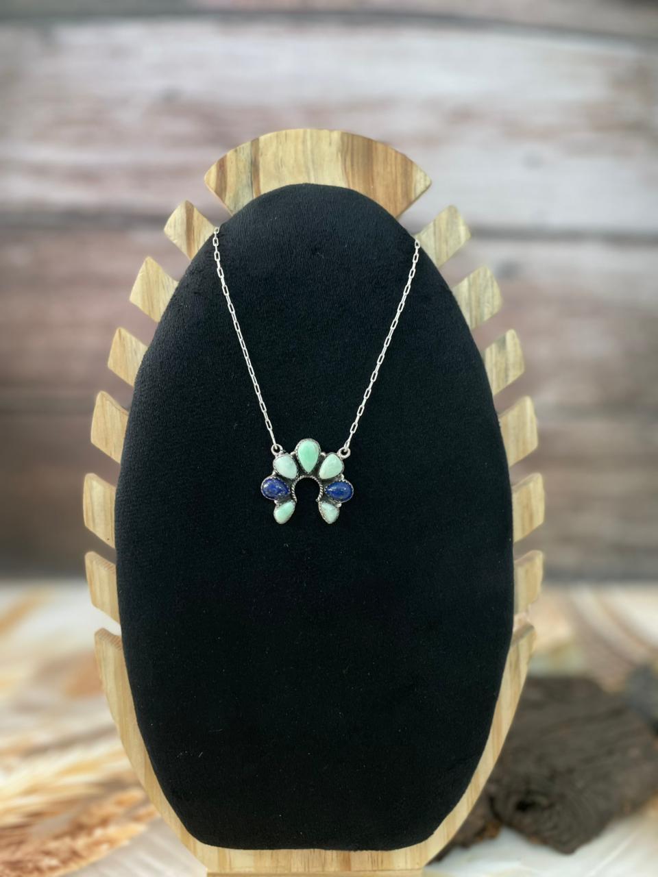 Handmade Sterling Silver Palomino Turquoise with Lapis Naja Necklace "Signed Nizhoni"