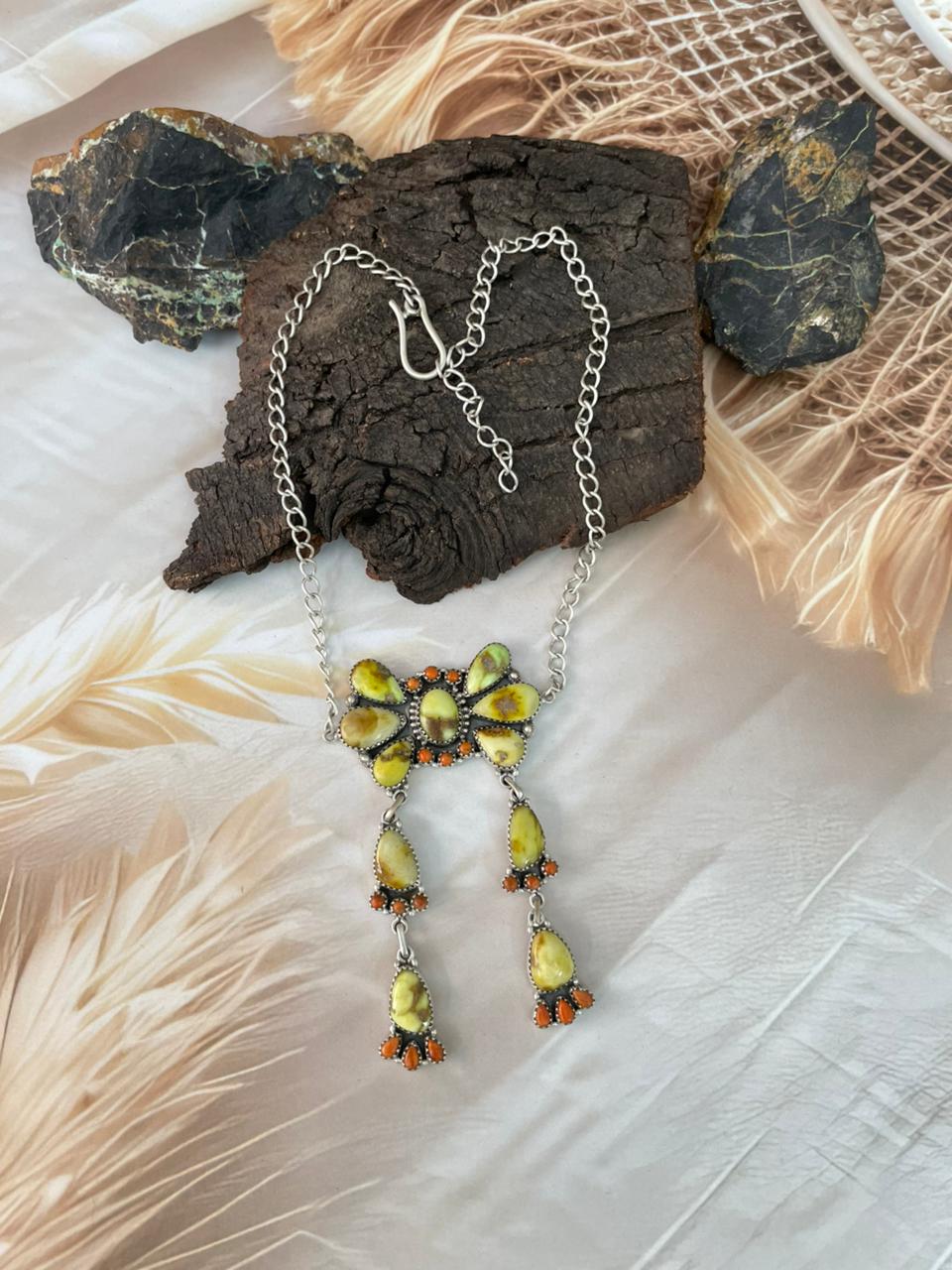 Handmade Sterling Silver Palomino Turquoise with Orange Mojave Necklace "Signed Nizhoni"