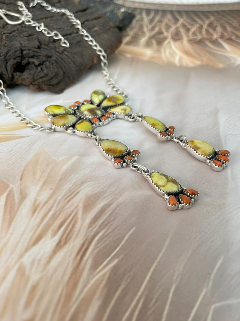 Handmade Sterling Silver Palomino Turquoise with Orange Mojave Necklace "Signed Nizhoni"
