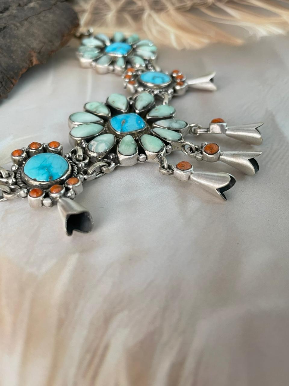 Handmade Sterling Silver White Water with Orange Mojave and Paloma Turquoise Choker Squash Blossom Necklace "Signed Nizhoni"