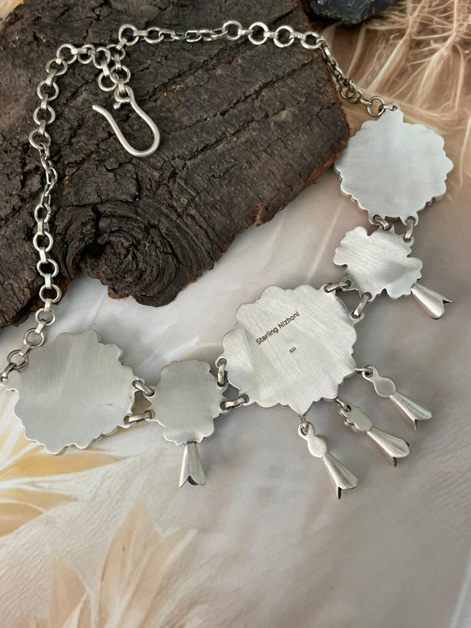 Handmade Sterling Silver White Water with Orange Mojave and Paloma Turquoise Choker Squash Blossom Necklace "Signed Nizhoni"