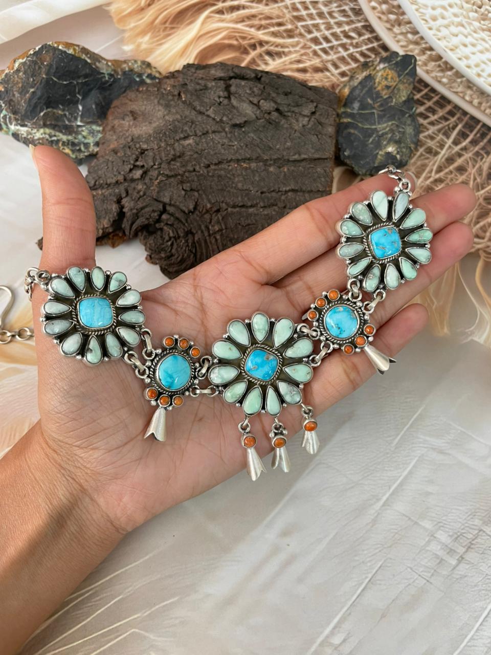 Handmade Sterling Silver White Water with Orange Mojave and Paloma Turquoise Choker Squash Blossom Necklace "Signed Nizhoni"