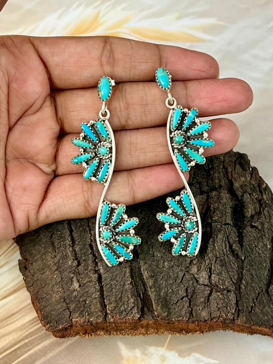 Handmade Sterling Silver Kingman Turquoise Post Dangle Earrings "Signed Nizhoni"