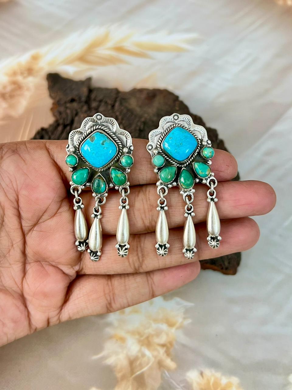 Handmade Sterling Silver Blue Kingman with Mojave Turquoise Post Dangle Earrings "Signed Nizhoni"