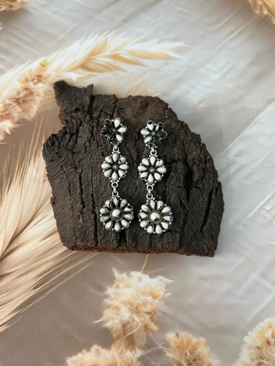 Handmade Sterling Silver White Buffalo Post Dangle Earrings "Signed Nizhoni"