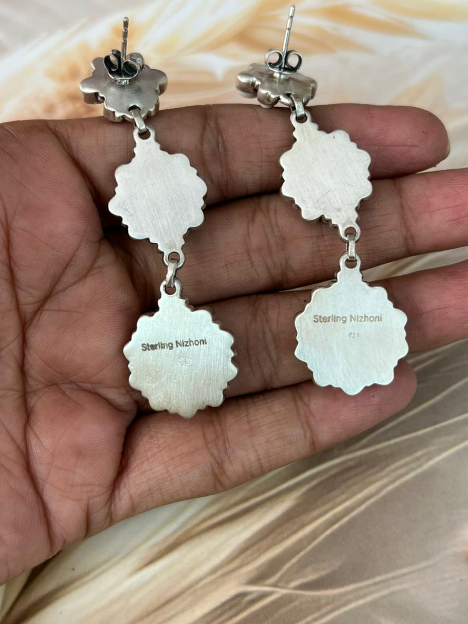 Handmade Sterling Silver White Buffalo Post Dangle Earrings "Signed Nizhoni"