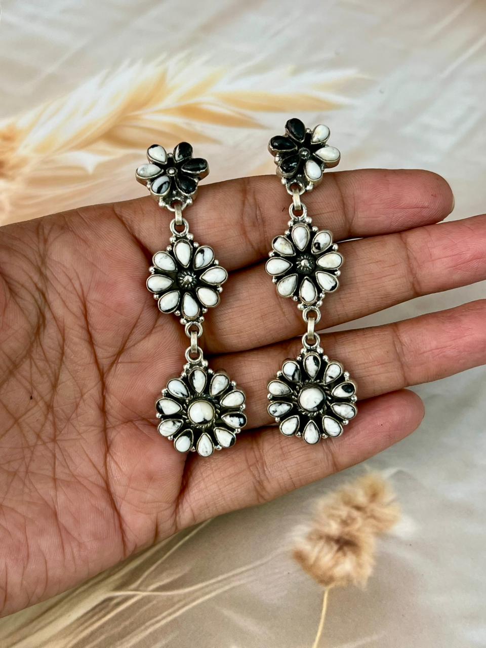 Handmade Sterling Silver White Buffalo Post Dangle Earrings "Signed Nizhoni"
