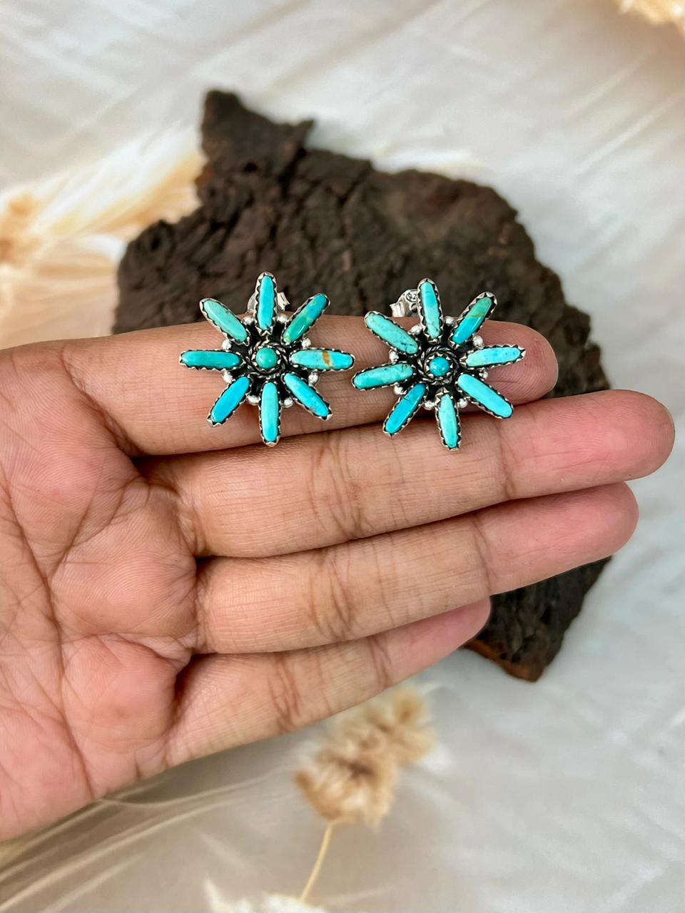Handmade Sterling Silver Kingman Turquoise Post Studs Earrings "Signed Nizhoni"
