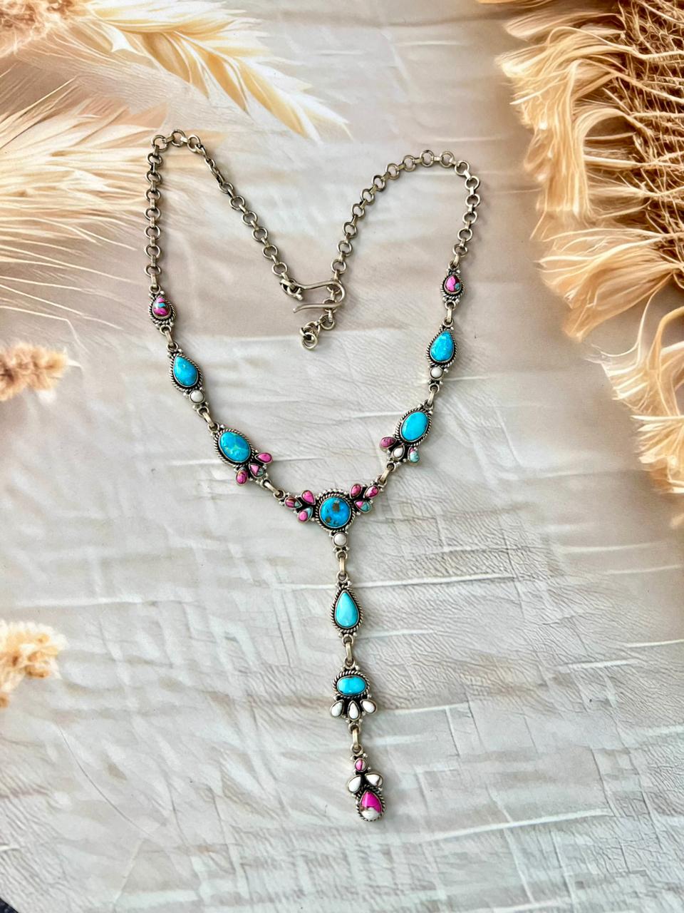 Handmade Sterling Silver Cotton Candy with Sierra Bella Turquoise Necklace "Signed Nizhoni"