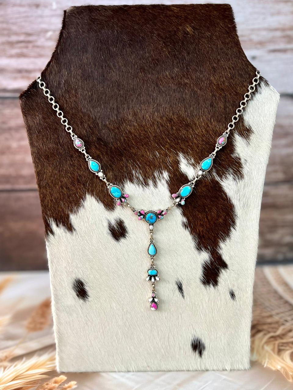 Handmade Sterling Silver Cotton Candy with Sierra Bella Turquoise Necklace "Signed Nizhoni"