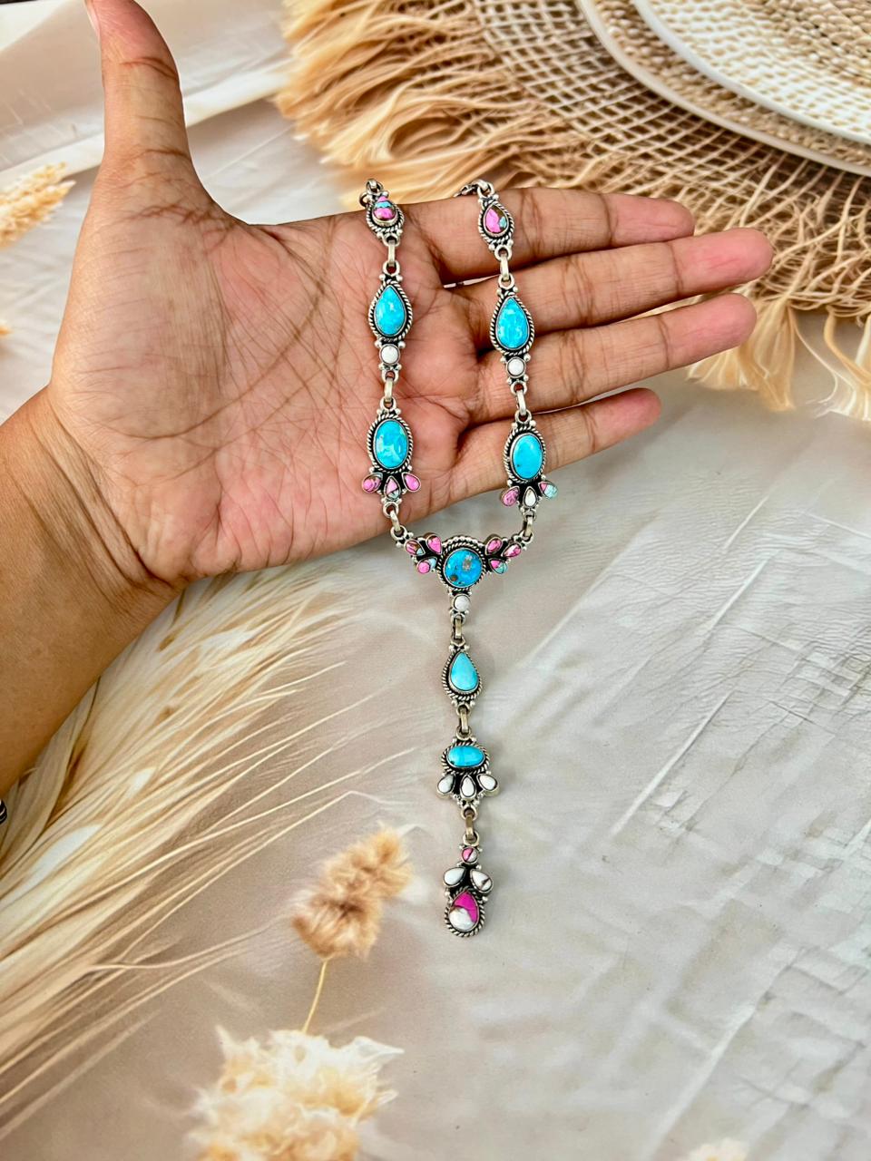 Handmade Sterling Silver Cotton Candy with Sierra Bella Turquoise Necklace "Signed Nizhoni"