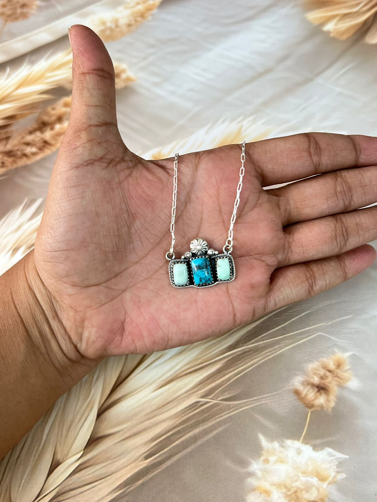 Handmade Sterling Silver Paloma with Arizona Blue Turquoise Necklace "Signed Nizhoni"