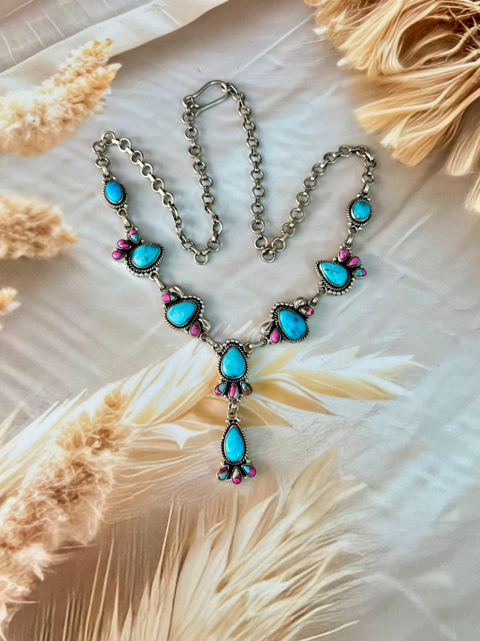 Handmade Sterling Silver Cotton Candy with Sierra Bella Turquoise Necklace "Signed Nizhoni"