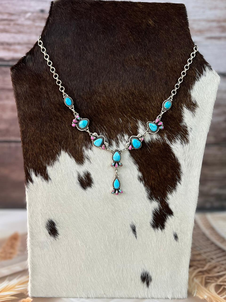 Handmade Sterling Silver Cotton Candy with Sierra Bella Turquoise Necklace "Signed Nizhoni"