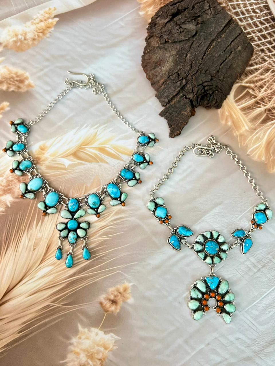 Handmade Sterling Silver Paloma with Sierra Bella Turquoise and Orange Mojave Necklace "Signed Nizhoni"