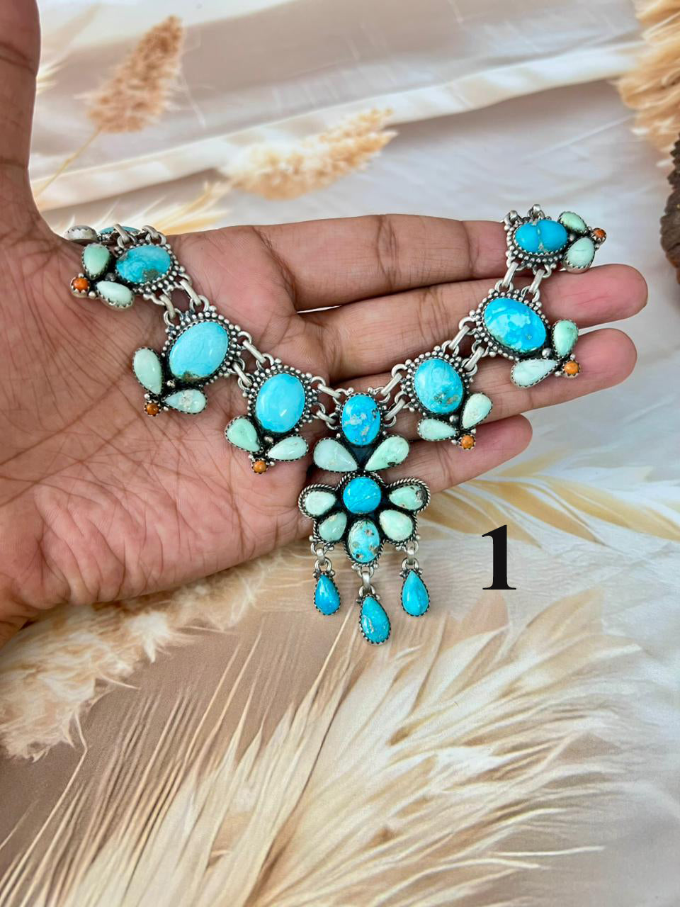 Handmade Sterling Silver Paloma with Sierra Bella Turquoise and Orange Mojave Necklace "Signed Nizhoni"